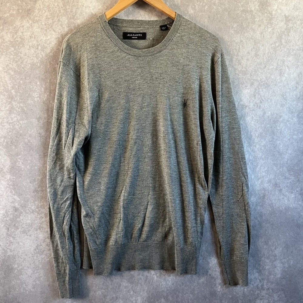 AllSaints Sweater Mens M Grey Ramskull Logo Wool Blend Crew Neck Knit *See Pics*